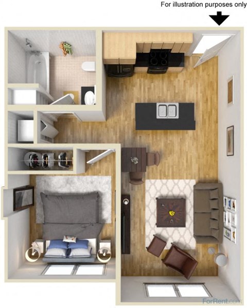 Floor plan for 1 bed, 1 bath, 582 sqft
